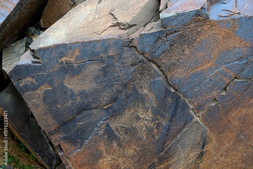 Bulls, goats, horses, people. Ancient rock carvings - Petroglyphs of Tanbaly,
Almaty Region, Zhambyl District, Matibulak Rural District District, Matibulak Rural District
