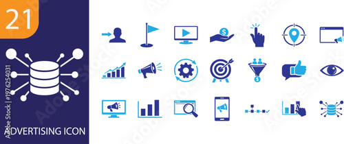 Advertising icon set with marketing, promotion, media, and branding symbols for digital use