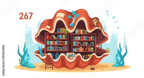 A colorful illustration of an underwater library inside a giant clamshell with books and a chair