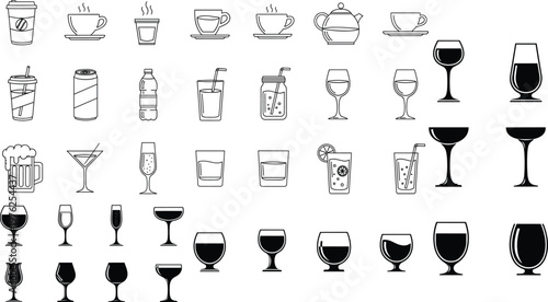 Beverage Icon Set with Coffee, Tea, Soft Drinks, Beer, and Wine Glasses for Cafes, Bars, and Digital Media Designs