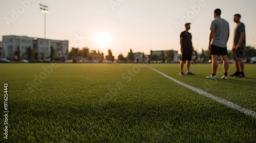 Three individuals stand on a vibrant sports field at sunset capturing a moment of athletic leisure and camaraderie under the wide open sky