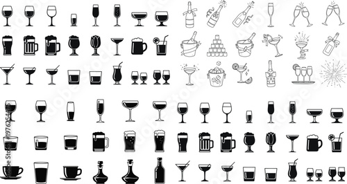 Drinkware and Celebration Icon Set with Cocktails, Beer, Wine, Champagne, and Glasses for Parties, Bars, and Digital Media Designs