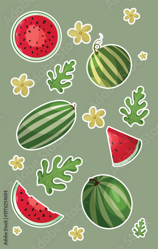Watermelon Sticker Pack with Whole Fruits Slices and Botanical Leaves