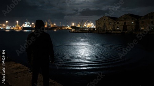 Silhouette of a Person by the Water Under Moonlit Night Sky