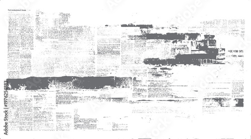 Abstract pattern of grey ink smudges and text fragments on a white background texture grunge distressed