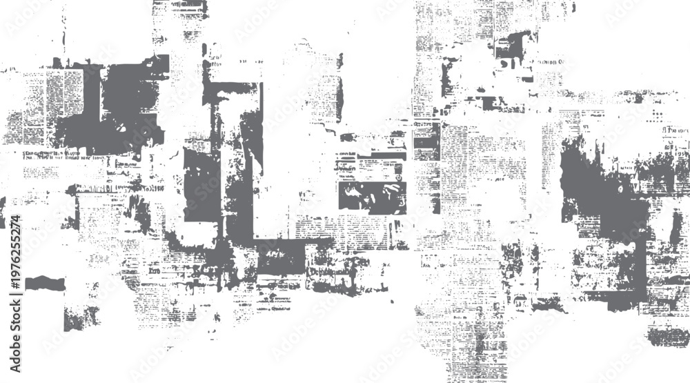Obraz premium Abstract distressed newspaper collage with grey ink splatters and text fragments grunge