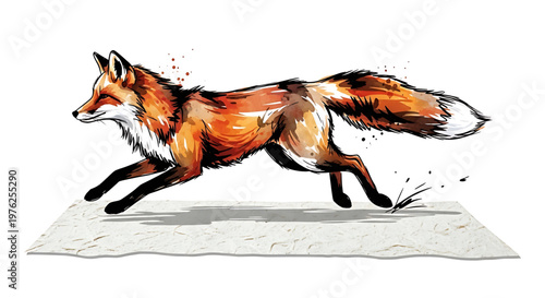 A colorful illustration of a running fox in a dynamic pose with motion lines and splashes