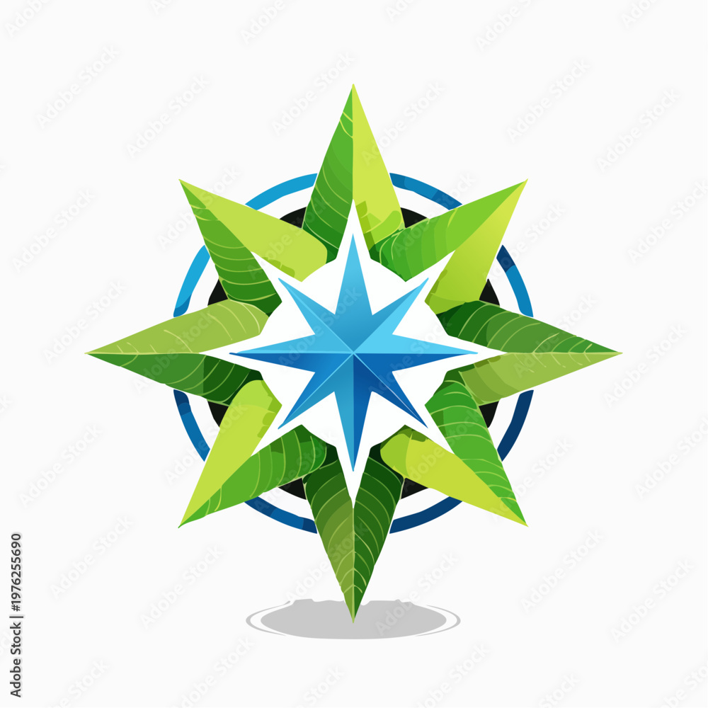 Obraz premium Stylized plant/star design with green leaves, blue accents, and a white background