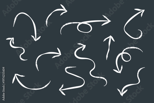 Hand Drawn White Arrow Set on Dark Background Chalk Style Directional Pointers and Scribble Symbols Vector Illustration