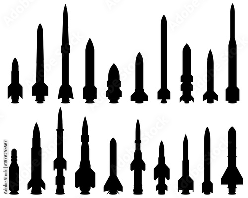 Set of black missile and rocket silhouettes isolated on transparent background. Vector military weapons, ballistic ICBMs, and cruise missiles. Defense, war, armament, and global conflict concepts.