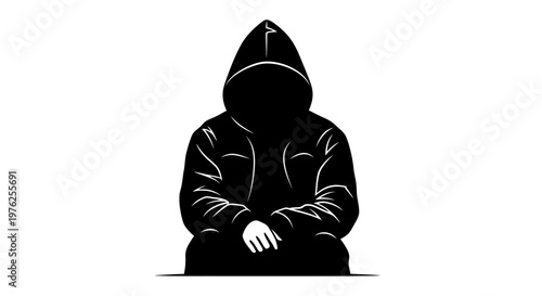 Mysterious Silhouette Figure in Black Hoodie Sitting in Pensive State, Anonymous Person
