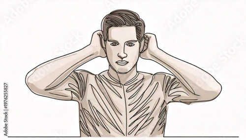 Man covering ears with hands looking forward.