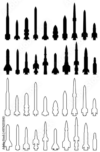 Silhouettes of ballistic missiles and rockets of various designs and sizes, displayed vertically isolated on transparent background. Military arsenal, strategic weapons, missile technology. War visual