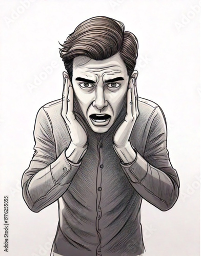 Man Covering Ears Expressing Shock and Disbelief.