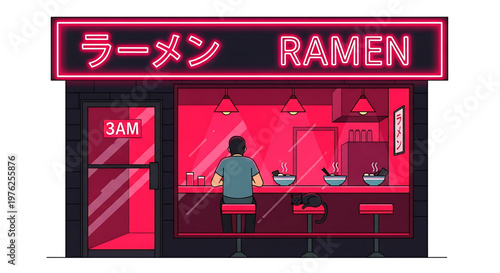 A vibrant vector illustration of a man eating ramen at a late-night restaurant