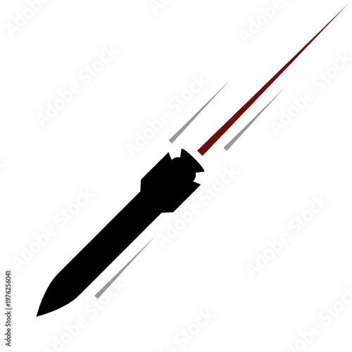 Flying missile silhouette with motion trails isolated on white background. Black vector launching rocket, ballistic weapon, and strikes icon. Military, war, defense, and conflict concepts.