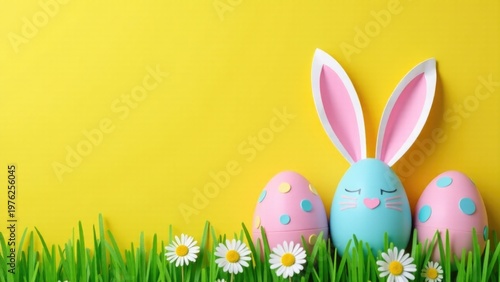 Three Easter eggs decorated with bunny ears and daisies on a bright yellow background