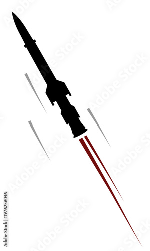Vector missile launch. Rocket in flight with trajectories, smoke trails and motion lines isolated on white background. Black silhouette for war, attack, defense, strike concepts