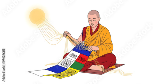 A Buddhist monk sitting cross-legged and creating a colorful prayer flag with a sun symbol in the background