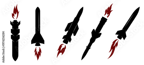 Set of black missile and rocket silhouettes with red flames and smoke trails isolated on white. Vector illustration of launching, flying, falling weapons for military, defense, war, air strike concept