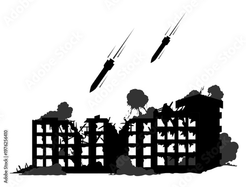 Black silhouette of falling missiles and a destroyed smoking buildings. Vector illustration of an air strike, rockets, urban warfare, bombardment isolated on white for war, destruction, conflict