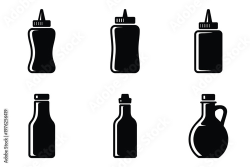 A set of black silhouette bottles and containers on white