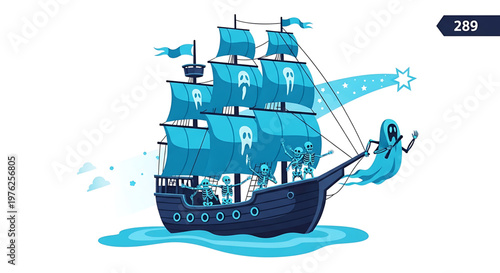 A blue pirate ship with ghostly sails and a spooky crew sailing through calm waters