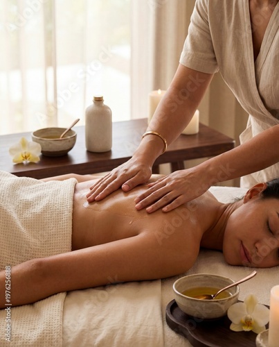 Woman enjoying a relaxing massage in a tranquil spa environment with candles and oils