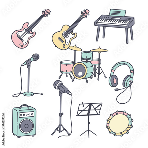 A colorful illustration of musical instruments.