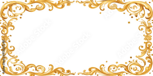 Gilded rococo style gold frame with elaborate scrolls and scattered golden particles decorative decoration victorian flourish celebration confetti background copyspace invitation