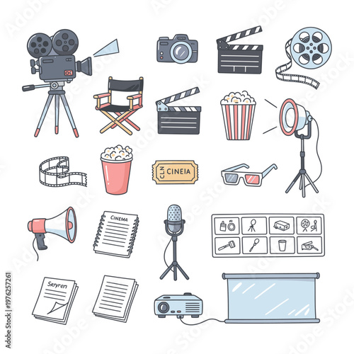 Film and cinema related icons and objects.