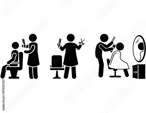 Stick figures depicting hairdressers cutting hair for clients in a salon setting, showing various stages of a haircut service.