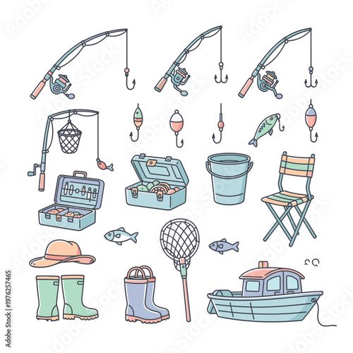 Fishing gear and equipment illustration set.