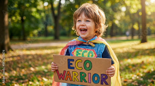 Earth Day Mother Earth child plastic bag superhero costume eco warrior sign environmental creativity sustainability editorial magazine cover website banner