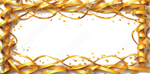 Gold ribbons and confetti frame for festive celebrations with confetti decorative celebration background copy space invitation streamer abstract birthday anniversary ornamental