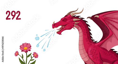 A whimsical red dragon spitting water on pink flowers with the number 292 in the background