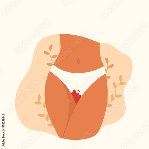 The concept of the menstrual period. Women's thighs in bloody panties. Women's hygiene. Protection from menstruation. vector illustration