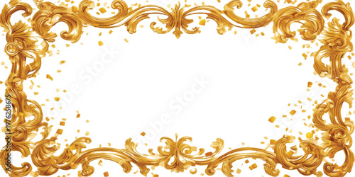 Artistic golden baroque ornate frame with gold splatters on white background decoration decorative scrollwork elaborate background template celebration christmas new year greeting