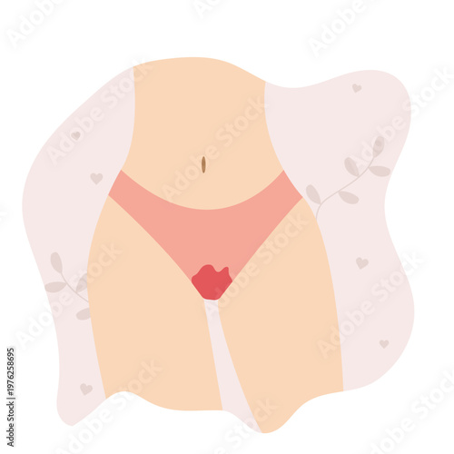 The concept of the menstrual period. Women's thighs in bloody panties. Women's hygiene. Protection from menstruation. vector illustration