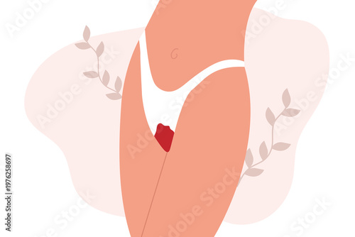 The concept of the menstrual period. Women's thighs in bloody panties. Women's hygiene. Protection from menstruation. vector illustration