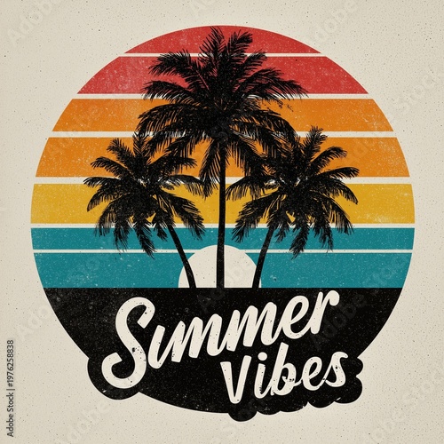 A retro-style summer illustration featuring a silhouette of palm trees set against a circular background Ideal for summer lifestyle visuals, vacation-themed