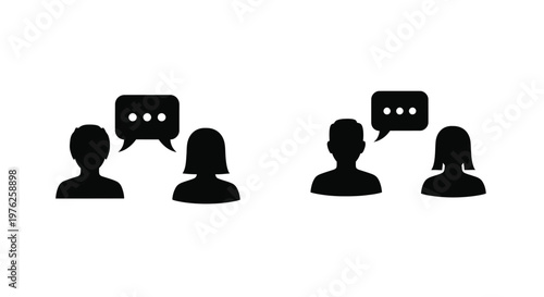 Two pairs of people communicating with speech bubbles on transparent background silhouette