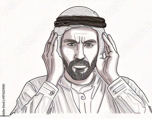 Man in traditional headdress looking stressed with hands on temples.
