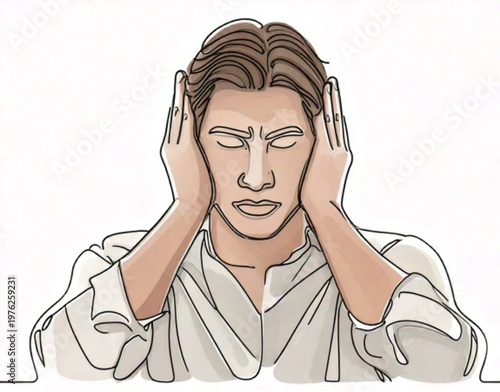 Man covering ears to block out loud noise and sound.