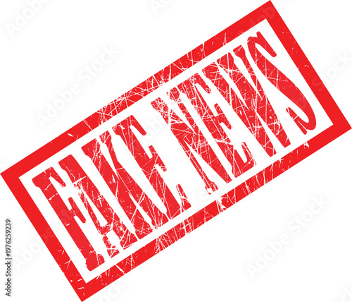 A red and white image of a fake news stamp