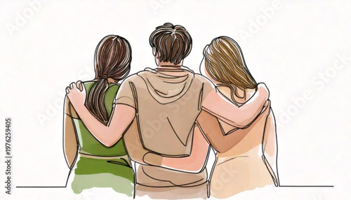 Three friends embracing each other from behind in a group hug.