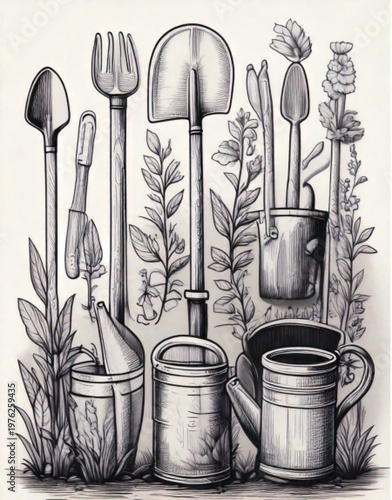 Vintage Gardening Tools and Watering Cans Illustration.