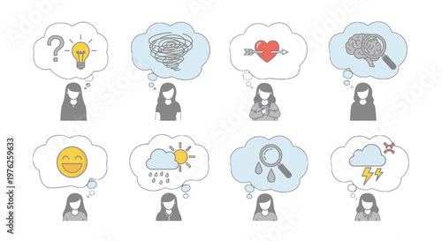 Collection of thought bubbles with various icons.