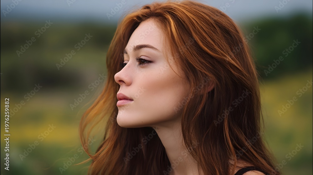 Fototapeta premium A thoughtful profile portrait of a young woman with red hair standing in a softly lit natural environment