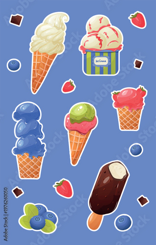 Summer Ice Cream Sticker Pack with Hand Lettering Waffle Cones and Fruit Berries